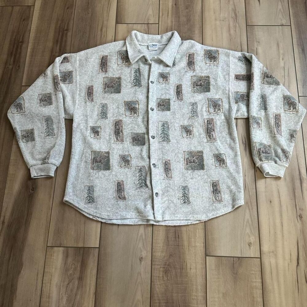 Vintage 90s Artisans Wildlife Fleece Shacket Made in USA Wolf Bear XL